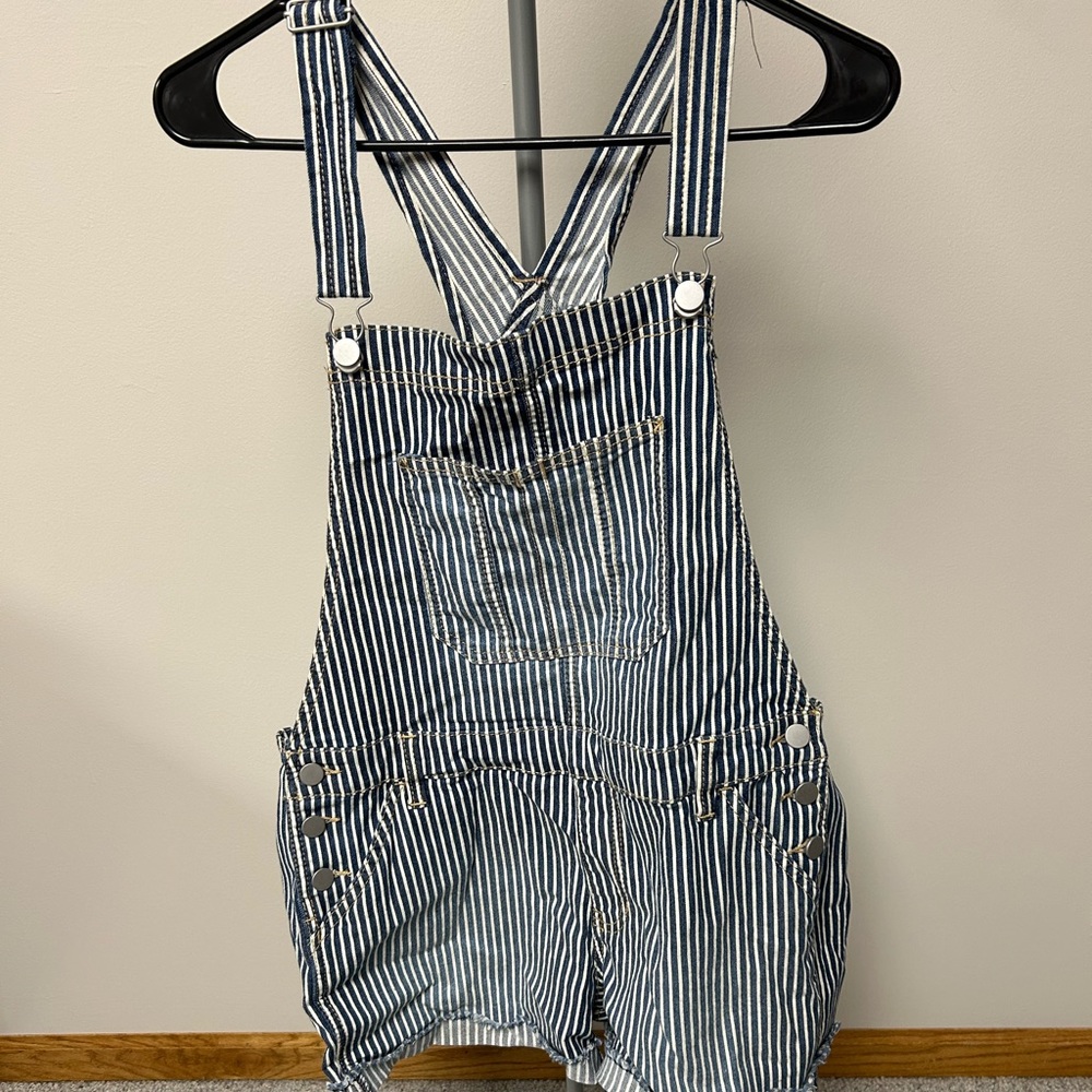 Blue striped jean overalls- short-